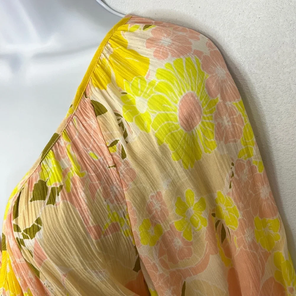 Free‎ People Tunic Top Mini Dress XS Yellow Floral Wrap Tiered Ruffle Boho Gauze